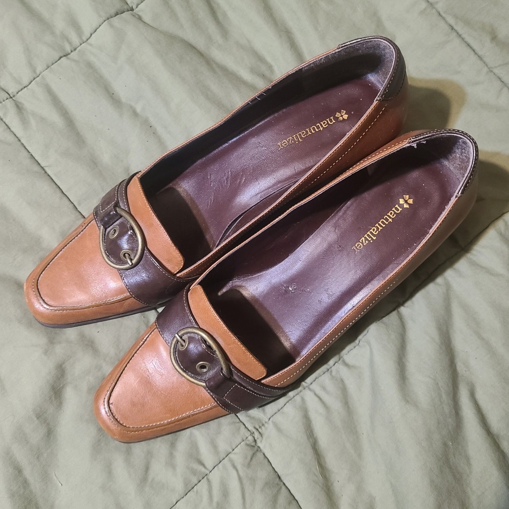 Naturalizer Bernsen Loafer Pumps Women 10M Tan Brown Leather Buckle Block Heel - Picture 2 of 10